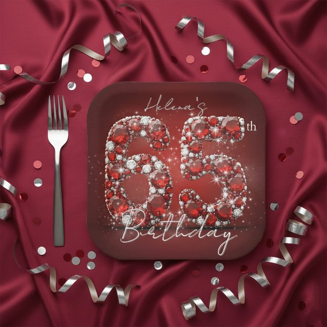 Assiettes En Carton Glamorous Ruby Red Diamonds 65th Birthday Party (Créateur téléchargé)