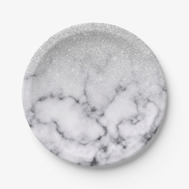 Assiettes En Carton Glamorous Silver White Glitter Marble Gradient (Devant)