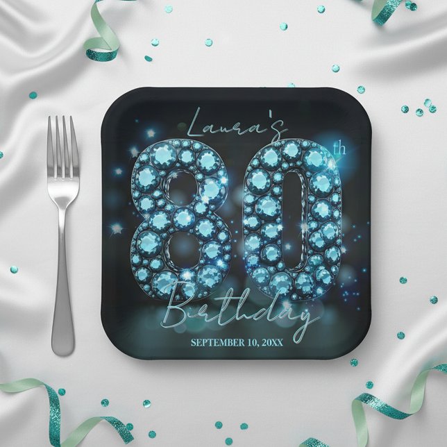 Assiettes En Carton Glamorous Teal Blue Diamonds 80th Birthday Party (Créateur téléchargé)