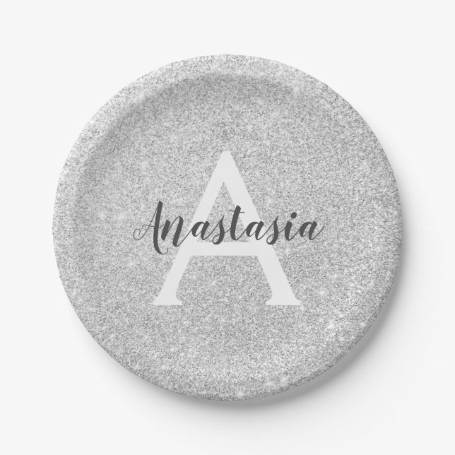 Assiettes En Carton Glamour Féminin Argent Paillettes Monogramme Nom (Devant)