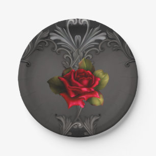Assiettes En Carton Glamour gothique Rose rouge Noir Ornemental Glam