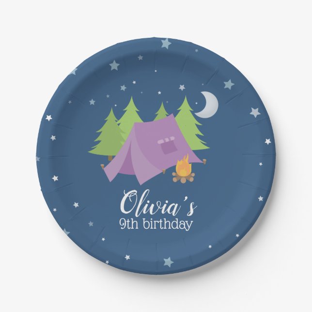 Assiettes En Carton Glamping Girl Purple Tente Camping Anniversaire (Devant)