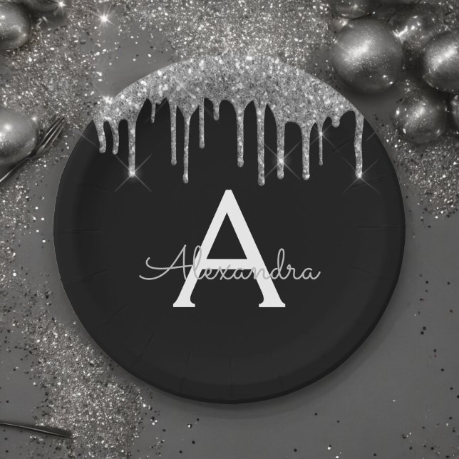 Assiettes En Carton Glitter Monogramme Argent Noir Anniversaire (Créateur téléchargé)