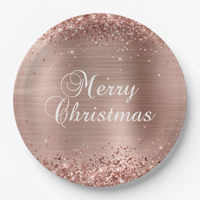 Assiettes En Carton Glitter Rose Gold Foil Joyeux Noël (Devant)