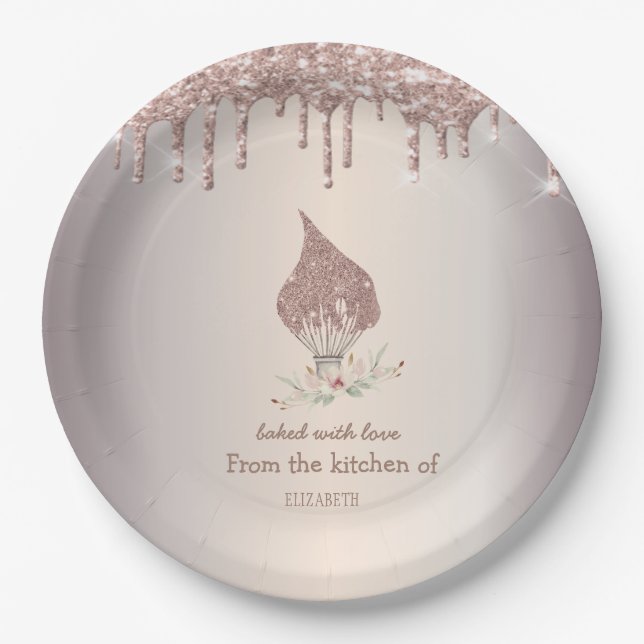 Assiettes En Carton Glitter Whisk Rose Gold Glitter Drips Bakery    (Devant)