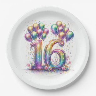 Assiettes En Carton Glitterie Numéro 16 avec Ballons et Confetti