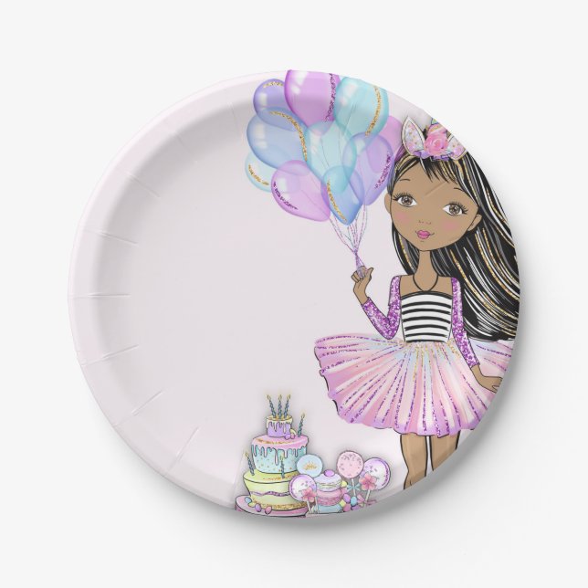 Assiettes En Carton Glittery Birthday African American Girl Unicorn (Devant)