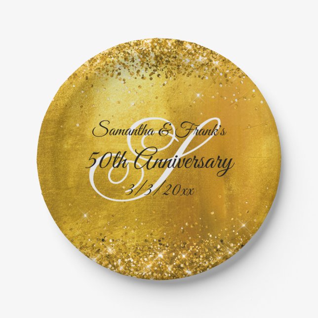 Assiettes En Carton Glittery Gold Foil Fancy Monogramme 50e Anniversai (Devant)