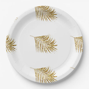 Assiettes En Carton Glittery Gold Palms Tropical Mariage Motif feuille
