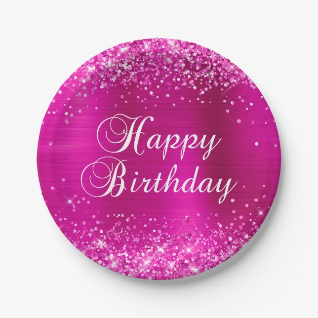 Assiettes En Carton Glittery Hot Rose Poil Joyeux Anniversaire (Devant)