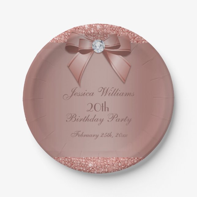Assiettes En Carton Glitzy Rose Gold Bow & Gem Birthday Party (Devant)
