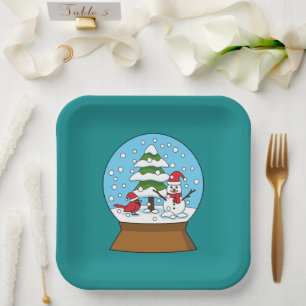 Assiettes En Carton Globe de neige avec le cardinal Snowman et Pine Tr
