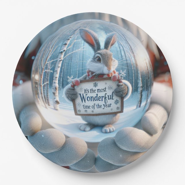Assiettes En Carton Globe De Neige De Noël Avec Lapin (Devant)