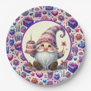 Assiettes En Carton Gnome d'anniversaire violet