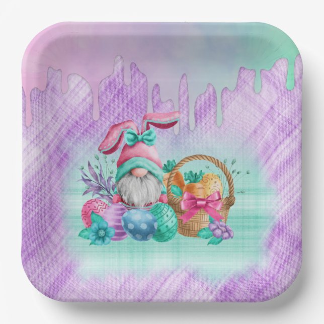Assiettes En Carton Gnome De Lapin De Pâques Avec Oeufs De Panier  (Recto)