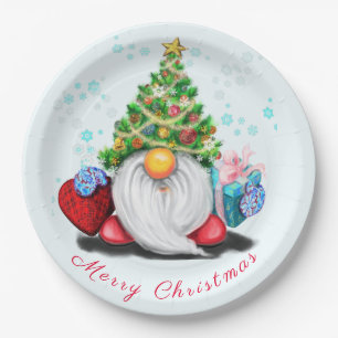 Assiettes En Carton Gnome sucré avec arbre de Noël Casquette et cadeau