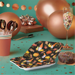 Assiettes En Carton Gnomes d'automne à l'aquarelle, citrouilles et feu