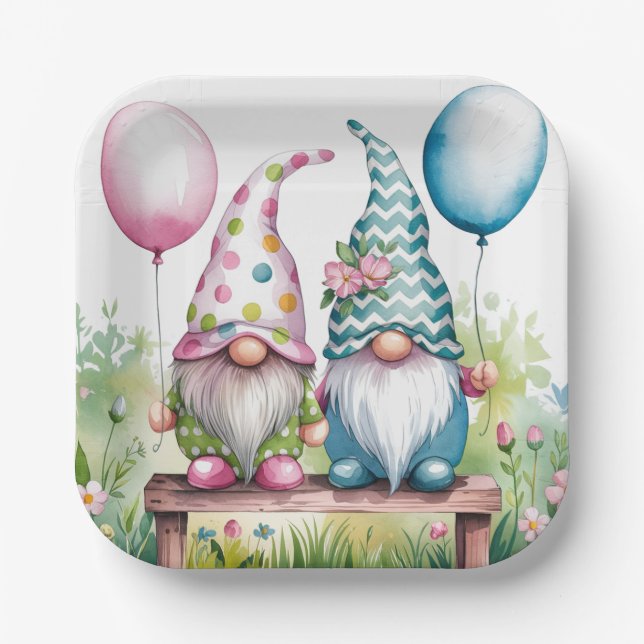 Assiettes En Carton Gnomes de Pâques en Aquarelle Fête d'anniversaire (Recto)