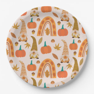 Assiettes En Carton Gnomes de Thanksgiving avec arc-en-ciel et feuille