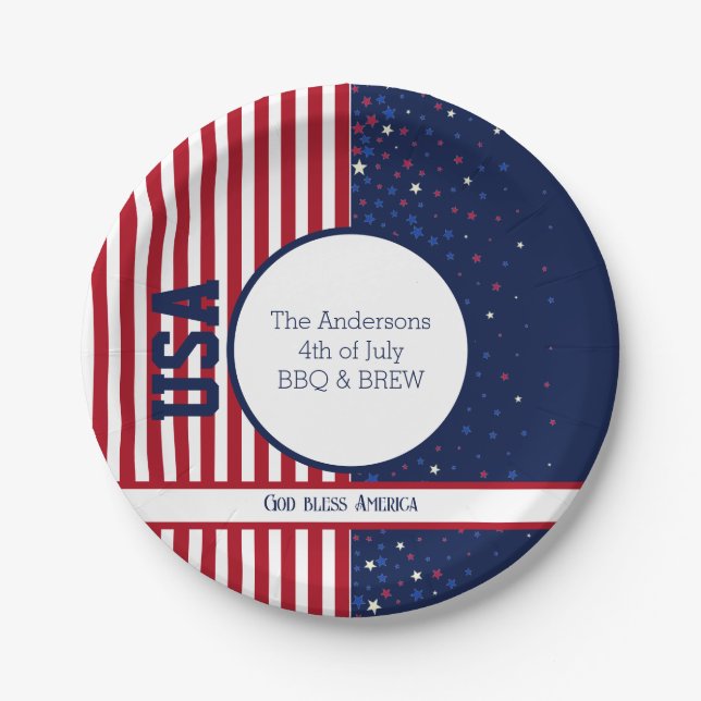 Assiettes En Carton God Bless America USA Independence 4 juillet (Devant)