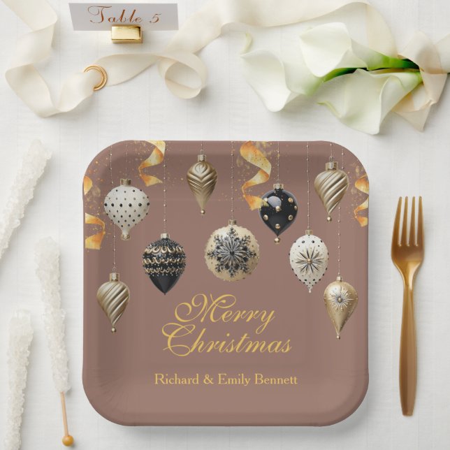 Assiettes En Carton Gold and Black Christmas Baubles (Mariage)
