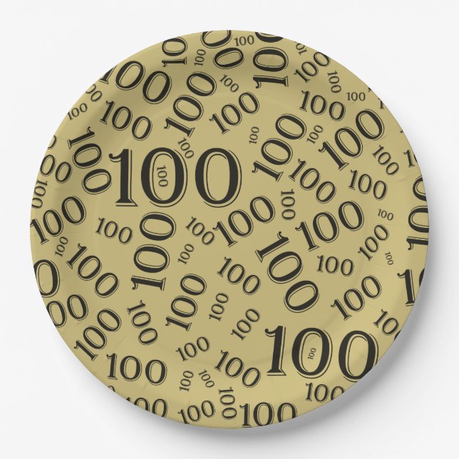 Assiettes En Carton Gold/Black 100th Birthday Party Numéro Motif (Devant)