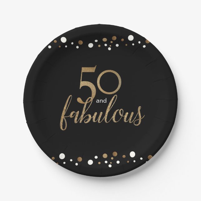 Assiettes En Carton Gold Black 50e anniversaire 50 et fabuleux (Devant)