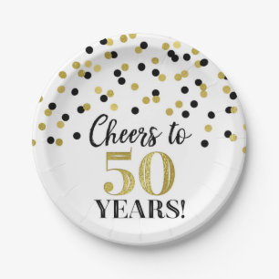Assiettes En Carton Gold Black Confetti, 50 ans d'anniversaire