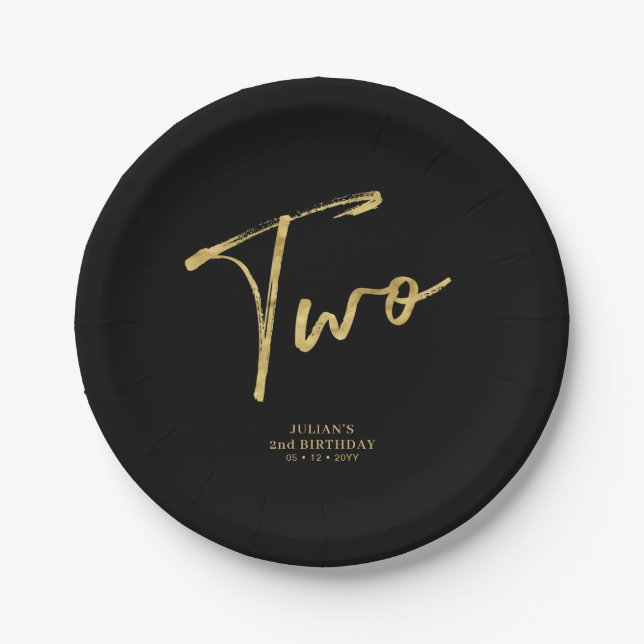 Assiettes En Carton Gold & Black Deux brosses Lettres Enfants 2e anniv (Devant)