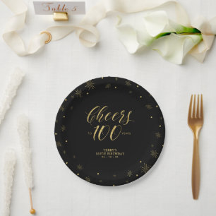 Assiettes En Carton Gold & Black Sparkle Cheers 100e fête d'anniversai