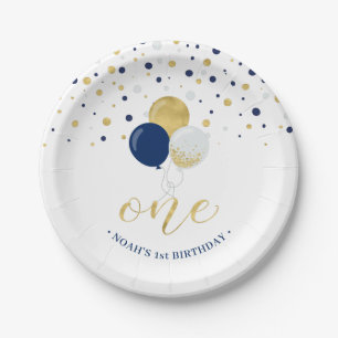 Assiettes En Carton Gold & Blue Confetti Balons 1er anniversaire