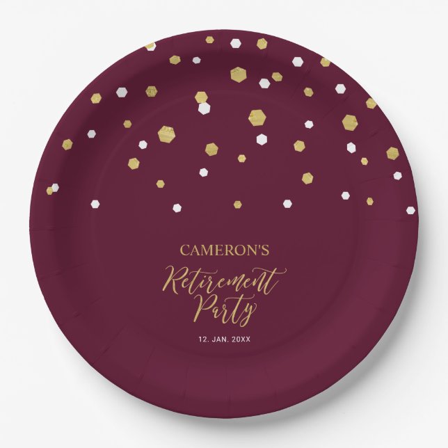 Assiettes En Carton Gold & Burgundy Red Chic Confetti Retraite Party (Devant)