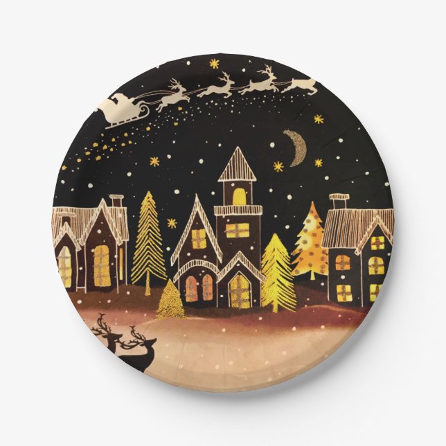 Assiettes En Carton Gold Christmas Village Deer Winter Night (Devant)