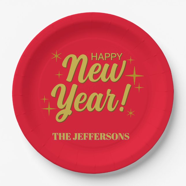 Assiettes En Carton Gold Color Red Happy New Year Merry Christmas (Devant)