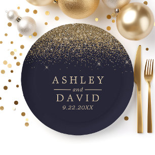 Assiettes En Carton Gold Confetti Marine Bleu Mariage moderne