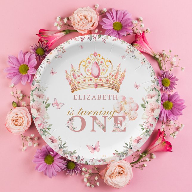 Assiettes En Carton Gold Crown Princess Girl 1er anniversaire rose flo (Créateur téléchargé)