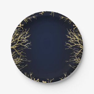Assiettes En Carton Gold & Dark Navy Blue Elegant Coral Mariage