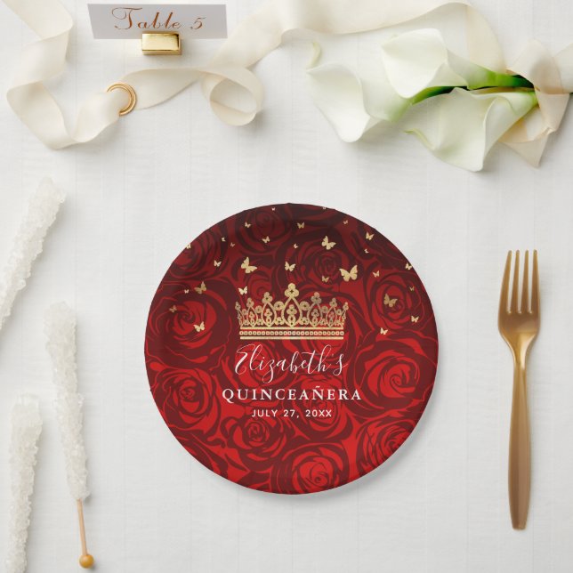 Assiettes En Carton Gold et Red Quinceanera Anniversaire Modèle de fêt (Mariage)