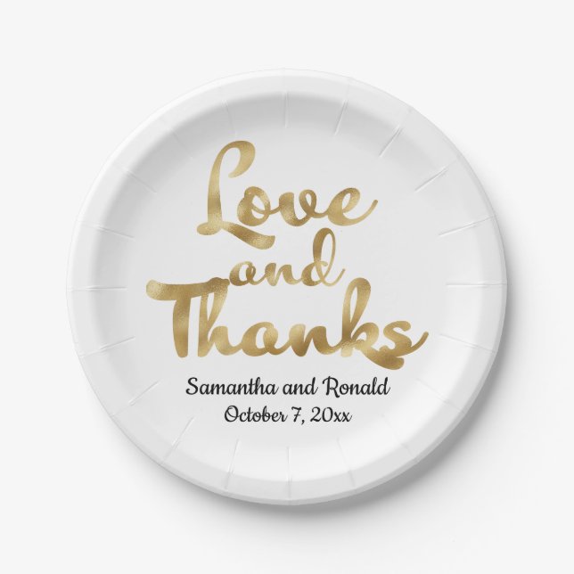 Assiettes En Carton Gold et White Love et Merci Mariage Plaque papier (Devant)