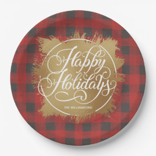 Assiettes En Carton Gold Faux Foil Happy Holidays Buffalo Plaid