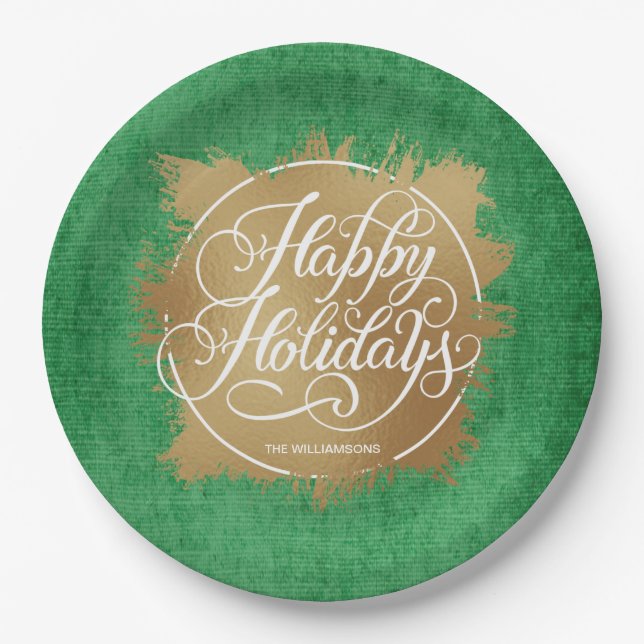Assiettes En Carton Gold Faux Foil Happy Holidays Green (Devant)