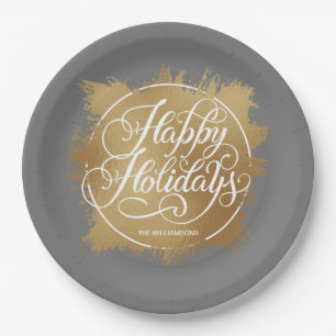 Assiettes En Carton Gold Faux Foil Happy Holidays Grey