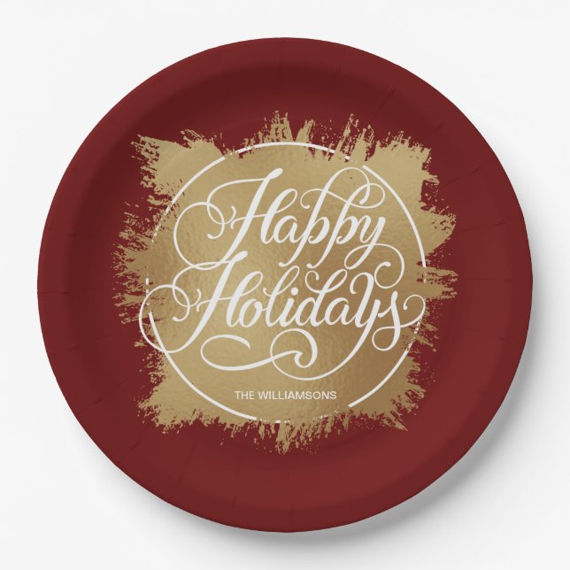 Assiettes En Carton Gold Faux Foil Joyeux Vacances Bourgogne (Devant)