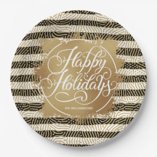 Assiettes En Carton Gold Faux Foil Joyeux Vacances Noir Blanc Stripes