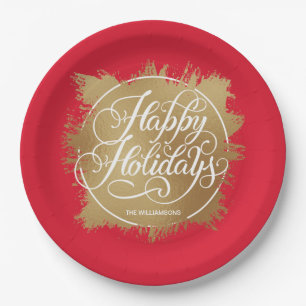 Assiettes En Carton Gold Faux Foil Joyeux Vacances Rouge
