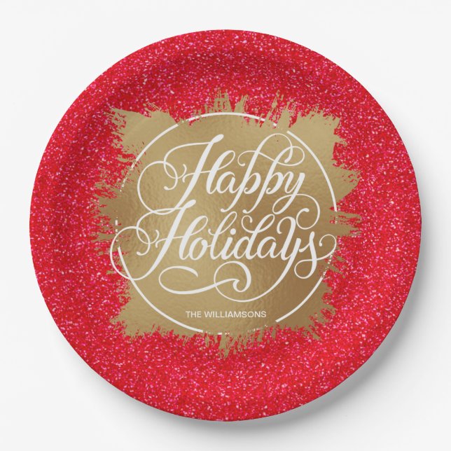 Assiettes En Carton Gold Faux Foil Noël Parties scintillant rouge (Devant)