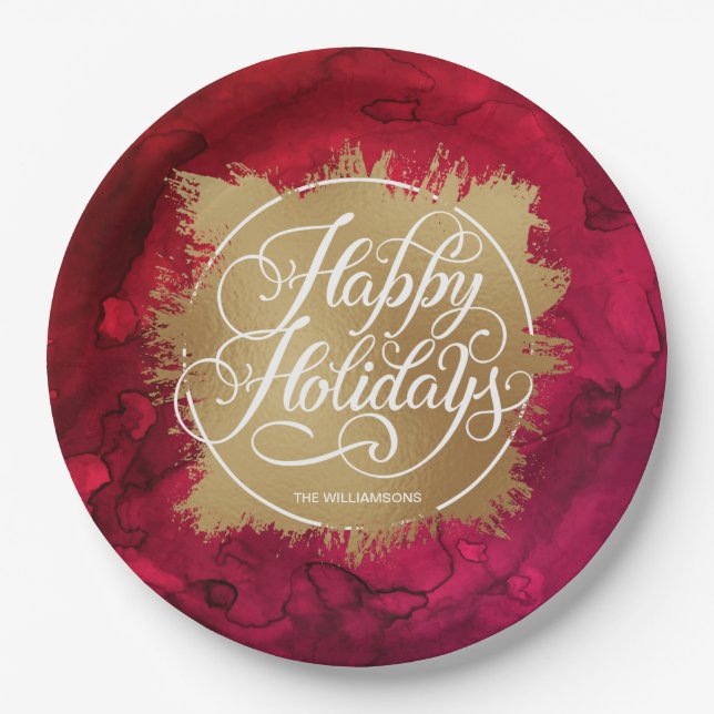 Assiettes En Carton Gold Faux Foil Noël Rouge Aquarelle (Devant)