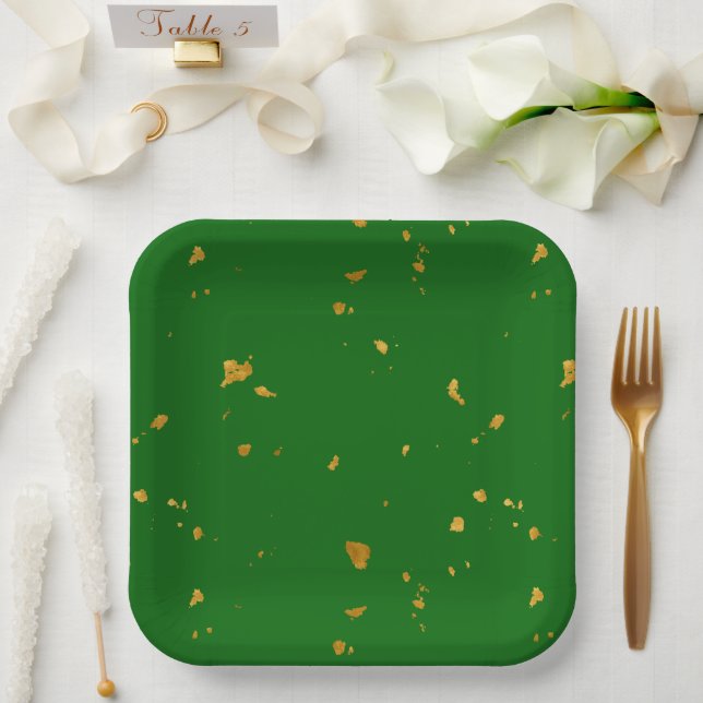 Assiettes En Carton Gold Flakes sur Emerald Green (Mariage)