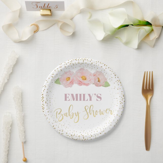 Assiettes En Carton Gold Floral Élégant Douche bébé douce (Mariage)