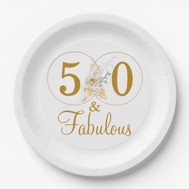 Assiettes En Carton Gold Floral Script 50e fête d'anniversaire (Devant)